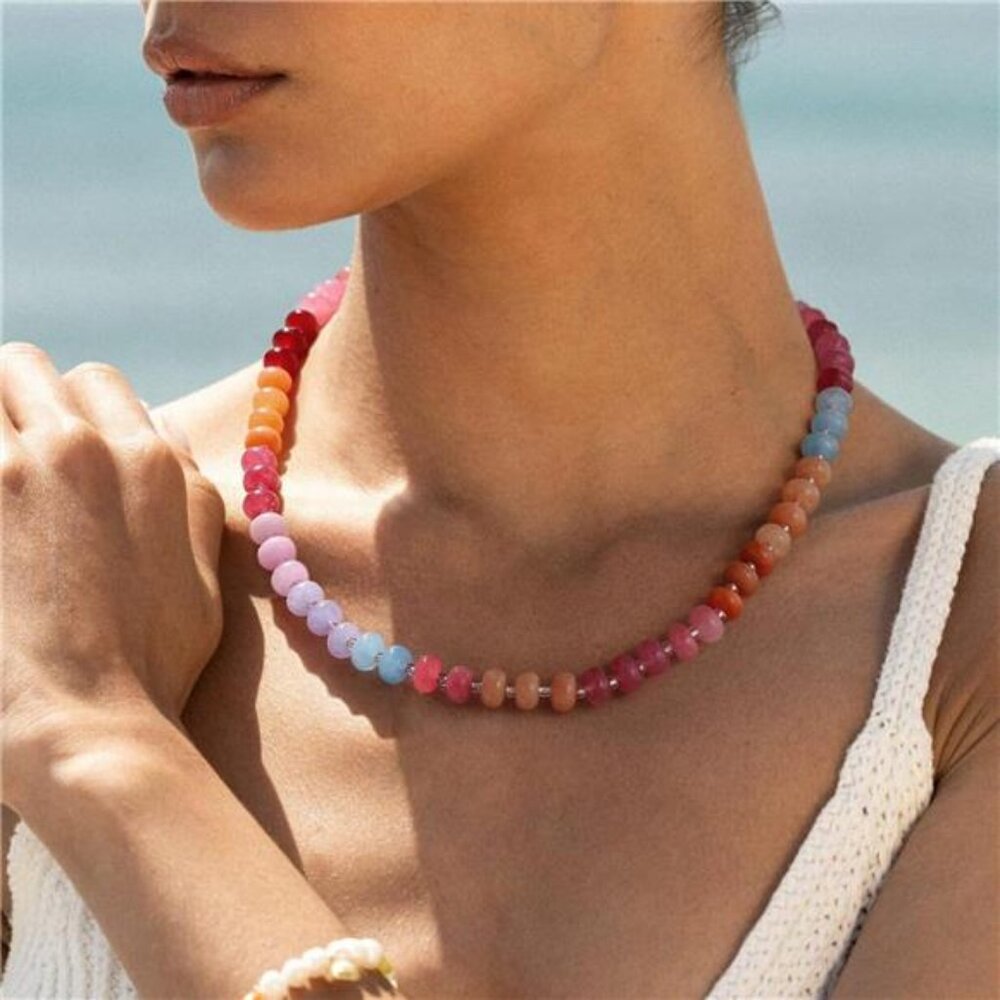 Women's Beaded Gemstone Necklace Boho Colorful Bead Choker, Passionate - Picture 2 of 6
